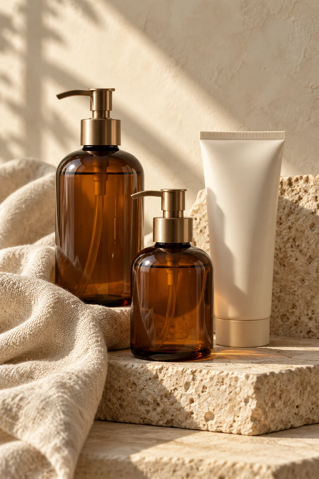 Body care bottles and soft linen on limestone