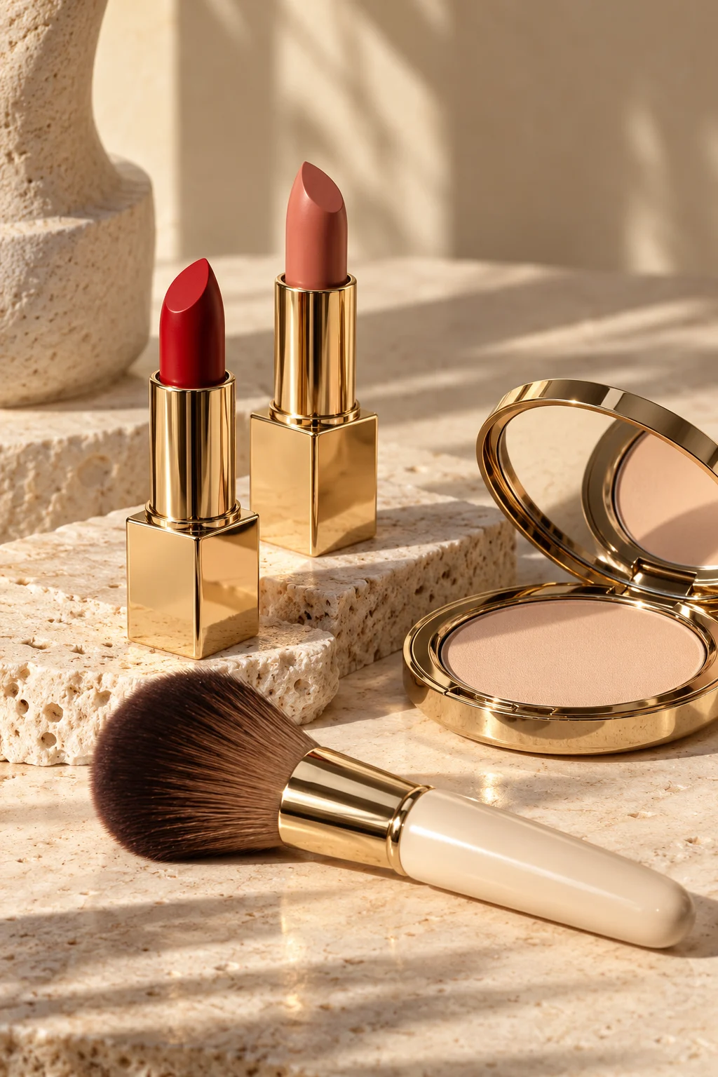 Lipsticks, makeup brushes and powder on warm stone