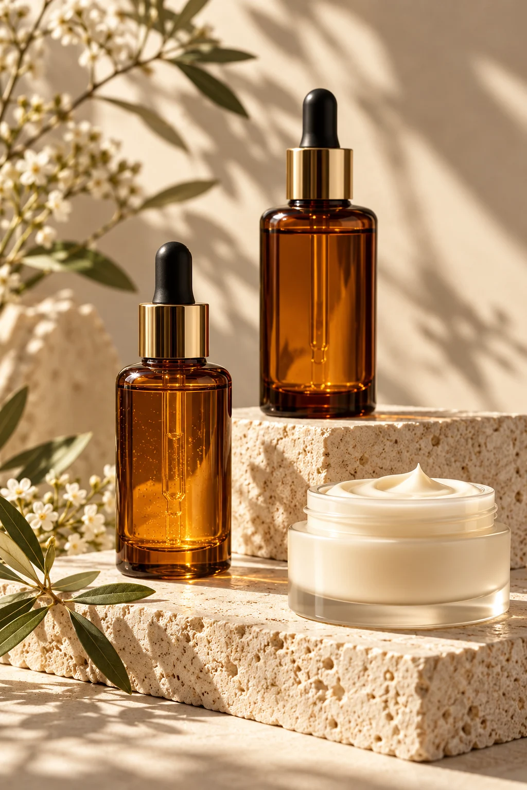 Amber skincare bottles and cream jar on stone